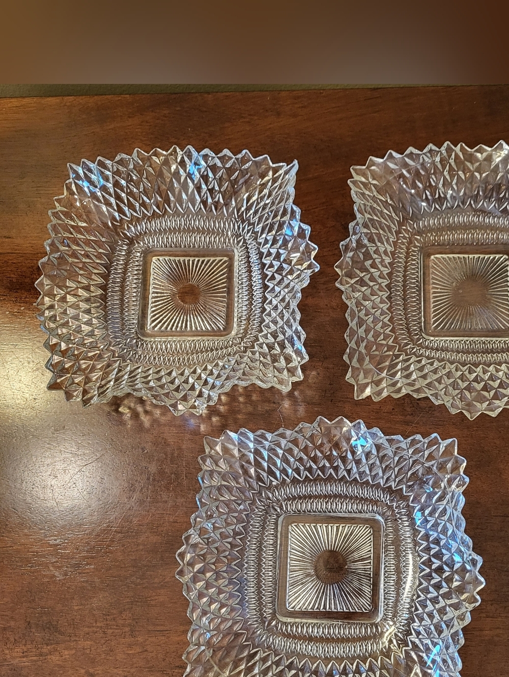 Set of 3 Vtg Diamond Point Indiana Glass Sq Candy Relish Dish Ruffled Trinket